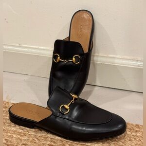 Gucci Princetown Black Leather Horsebit Mules 36.5 with Gold Hardware